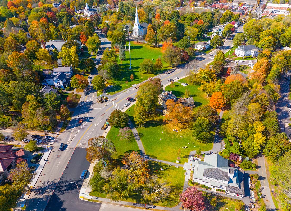 Lexington, MA - Aerial View of Lexington, MA Including Visitor Center, Lexington Common and First Parish Church